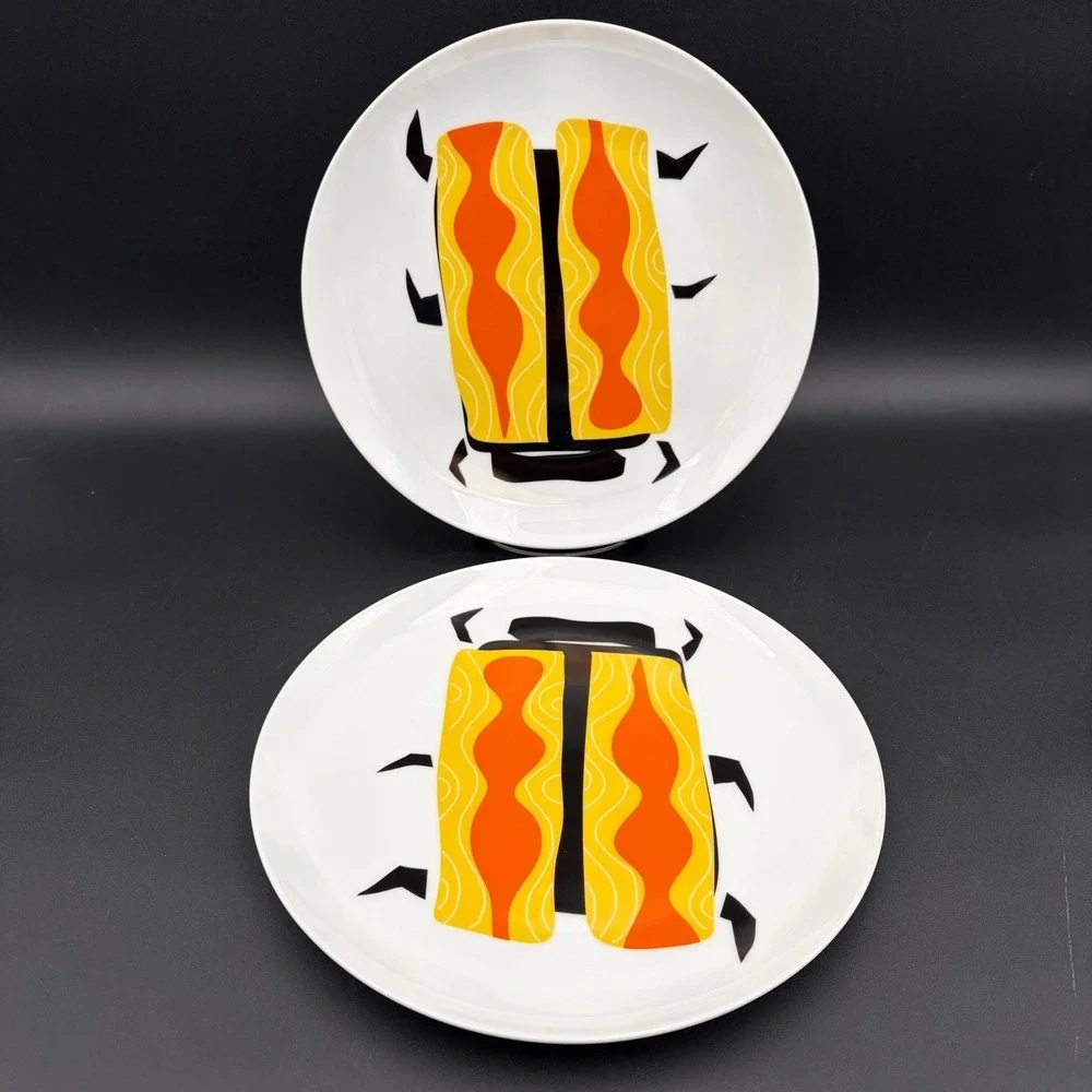 Crate & Barrel Jane Dixon Retro‎ Beetle Bug Dinner Plates Yellow Orange Set of 2